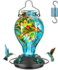 Hand Blown Glass Hummingbird Feeder For Outdoors Hanging 24oz Nectar Bottle With Ant Moat Perch Bee Resistant Ports Backyard Garden Decor Gift For Women Mom Beautiful Hand Crafted Finish Drip Free