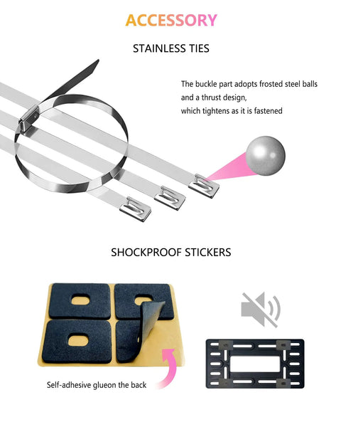 Front License Plate Holder Bracket Black Universal ABS Mounting Kit Frame With Copper-Threaded Inserts, stainless ties, stickers