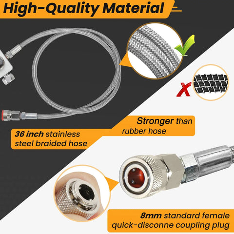 High Pressure Valve Adapter For Scuba And Paintball Fill Stations Perfect PCP And HPA Tank Connector 4500 PSI Capacity 36 Inch Metal Braided Hose Silver Finish featuring stainless steel hose and quick-disconnect coupling plug