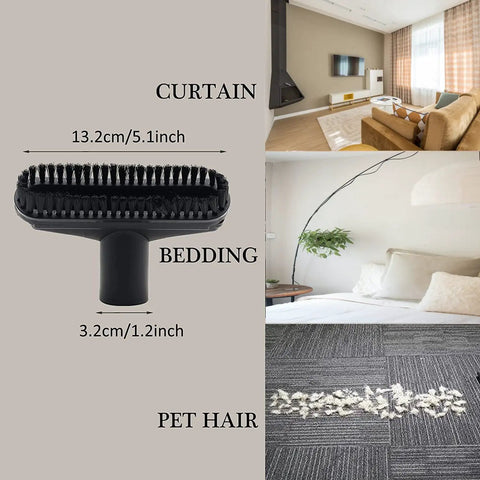 Universal Vacuum Attachments Set 1.25 Inch with Hardwood Floor Brush shown cleaning various surfaces like curtains and pet hair.