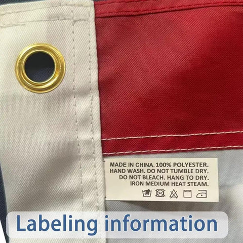 Label instructions on Heavy Duty 3x5 Outdoor American Flag Built To Last In High Wind With UV Protection, brass grommet visible