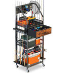 Fishing Rod Rack Organizer With Fabric Drawer And Pegboard 3 Tier Garage Storage For 12 Rods Reels And Tackle Boxes Portable Gear Cart