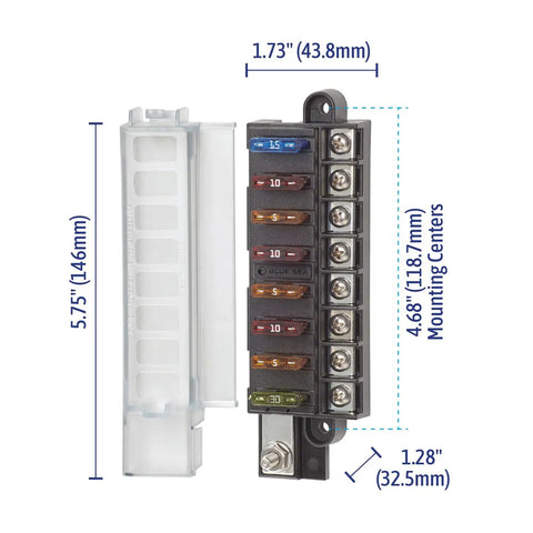 Eight Circuit Blade Fuse Block With Cover For Boats, Compact 100 Amp Marine Electrical Distribution Panel, Surface Mount Fuse Box