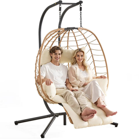 Two Person Egg Chair With Adjustable Footrest And Stand For Outdoor And Indoor Use Rattan Hammock Swing Loveseat With Cushions 650 lb capacity