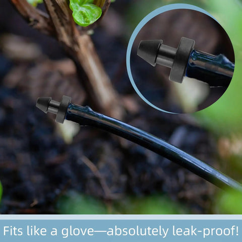Image of 100 Pack Drip Irrigation End Plugs for Quarter Inch Tubing installed in a garden, showing easy install line stopper fitting.