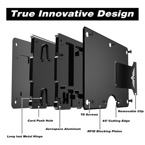 Exploded view of Ultra Slim Hinged Metal Wallet For Men With RFID Blocking, showing aluminum build and component details.