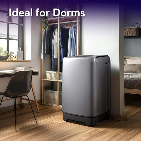 Full Automatic Portable Washer And Spinner Combo Featuring Ten Custom Wash Cycles And Eight Water Levels No Fuss Plug In Design For Tight Apartments And RV Quarters Heavy Duty Load Handling Sweet Space Saver Grey in a dorm setting.