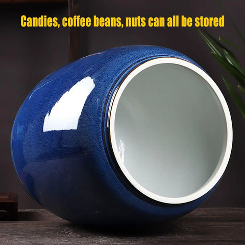 Keep It Crisp And Skip The Funky Kitchen Smells With This Retro Blue And White Ceramic Storage Jar Perfect For Rice Flour Tea And All Your Daily Pantry Staples, showing a round blue ceramic jar with a white interior.