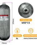 Beefy 4500 Psi 9L Carbon Fiber Scuba Tank With M18x1.5-6H Valve, side and top view with dimensions and specs
