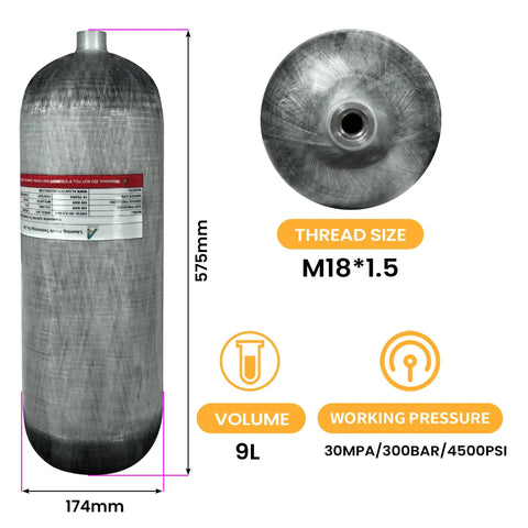 9 Liter Carbon Fiber Scuba Tank With Regulator And Carrier Bag Ready For Deep Dives And Snorkeling, dimensions and thread size shown