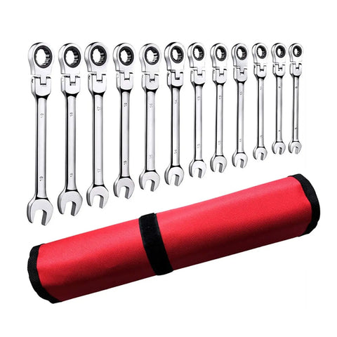 Ratchet Spanner Set 5 7 12 Piece Kit For Car Repair, Easy Grip Wrenches displayed with red carrying case