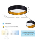 Maserlo 16 Inch Flush Mount LED Ceiling Light Fixture Dimmable, black and gold, with dimension details, indoor use