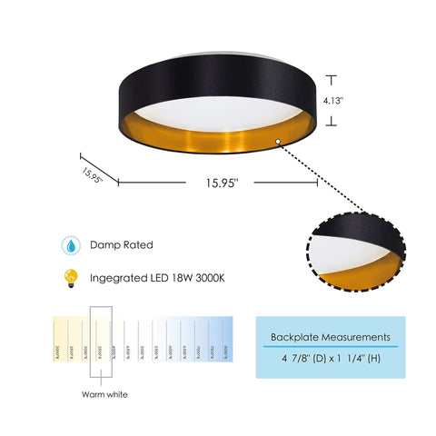 Maserlo 16 Inch Flush Mount LED Ceiling Light Fixture Dimmable, black and gold, with dimension details, indoor use