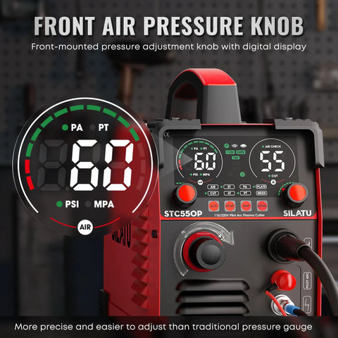 Plasma Cutter STC550P 55 Amp Pilot Arc Dual Voltage 110 And 220V With LED Display Air Sensor front view with pressure knob
