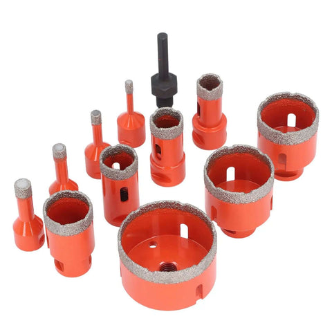 Top Tier Hole Saw Kit With 11 Sizes For Tile Marble And Stone featuring M14 Hex Shank, Built To Drill Clean Blazes Through Granite Ceramic Floor Tiles Like A Boss. 11-piece diamond drill set, red core bits with hex shank