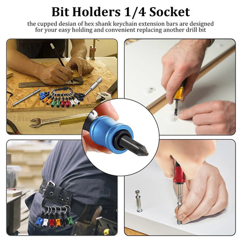 Collage showing 18Pcs One Quarter Inch Hex Shank Drill Bit Holder With Quick Change, Aluminum Alloy Portable Socket Set in use
