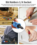 1/4 Inch Hex Shank Bit Holder Keychain for drill bits, aluminum, quick change, belt clip, extension bars in use
