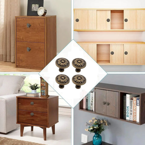 Vintage Flower Cabinet Drawer Knobs And Antique Bronze Dresser Handles Four Piece Kit on display with wooden furniture.