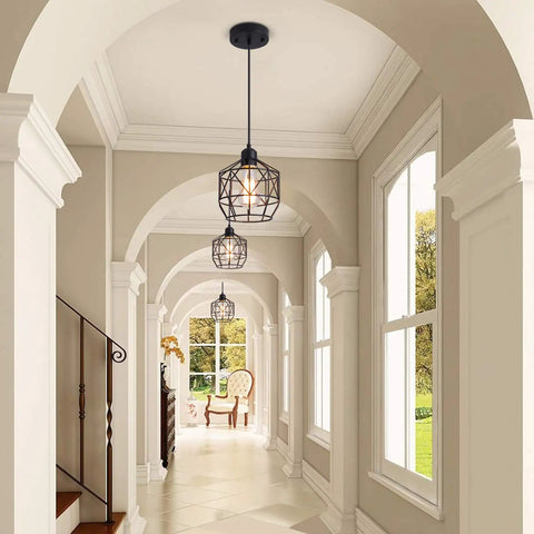 Industrial Pendant Light Fixture Black Basket Cage With E26 Base Rustic Farmhouse Ceiling Light in hallway