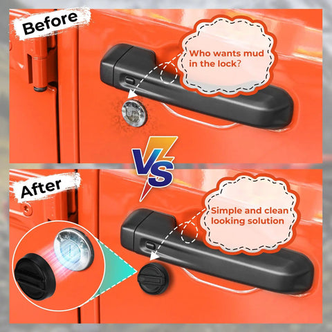 Strong Magnet Keyhole Covers for Jeep Wrangler JL 2018-2026 and Gladiator JT Front Doors installation before and after view