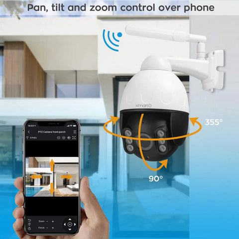 2K 3MP Auto Tracking PTZ Security Camera With WiFi AC Powered Dope Night Vision shown with smartphone control app