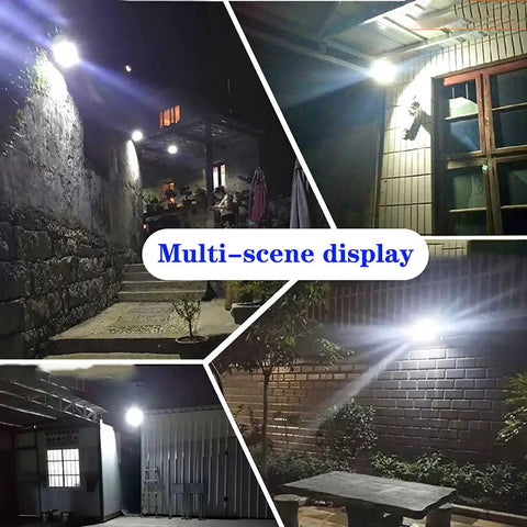 Solar Security Lights 200W300W400W800W,Solar Powered Floodlights Led H displayed in various outdoor settings at night.