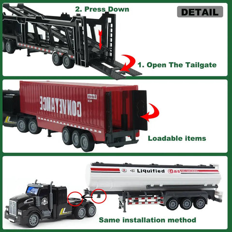 3 In 1 RC Truck Toy Set With Car Carrier Tanker And Container Trucks Sounds And Lights 14 Inch 1 48 Scale Remote Control Construction Truck With Rechargeable Batteries Black showing loading mechanism.
