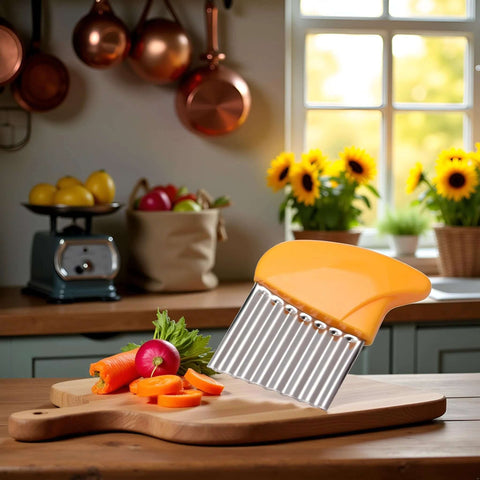 Orange-handled vegetable chopper with stainless steel crinkle blade on a cutting board with carrot slices
