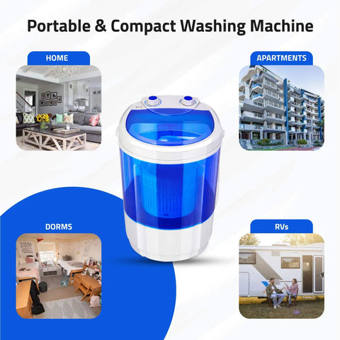 Portable Mini Single Tub Washer For Small Clothes Under 1.2Kg with home, apartment, dorm, and RV use options shown
