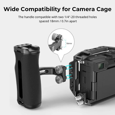 Ergonomic Mini Side Handle For Camera Cages With One Quarter Twenty Screws Grab And Go Adjustable Up And Down Left Or Right Hand Use Built In Cold Shoe And Threaded Hole Balances Weight And Eases Wrist Strain Model 4756 installed on camera cage