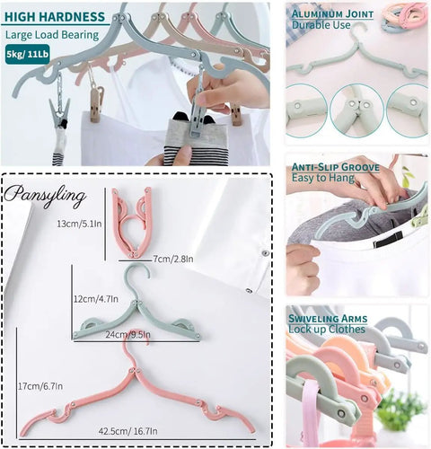 Travel Portable Foldable Clothes Hanger Kit With Clips Lightweight Plastic Drying Rack details and usage demo