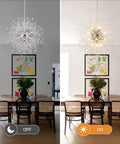 Dope Crystal Firework Chandelier With 12 Lights Dandelion Style Semi Flush Mount Ceiling Light in dining room, off and on view.
