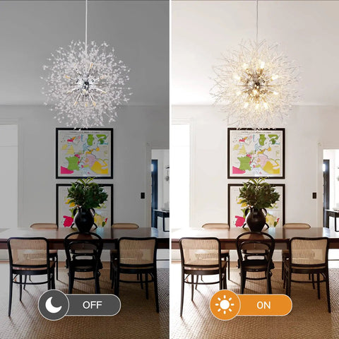 Dope Crystal Firework Chandelier With 12 Lights Dandelion Style Semi Flush Mount Ceiling Light in dining room, off and on view.
