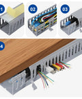 Four-step installation of Six Piece Open Slot Wiring Raceway Duct for Under Desk Cable Management, showing tape application and wire organization.