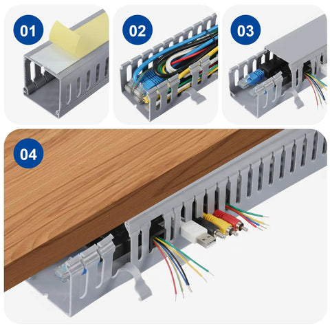 Four-step installation of Six Piece Open Slot Wiring Raceway Duct for Under Desk Cable Management, showing tape application and wire organization.