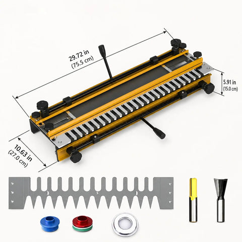 Thirty Inch Dovetail Jig For Woodworking Router Guide Joinery Template showing size and components like rail block and bits.