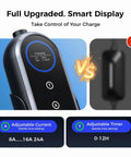 Badass Level 2 Tesla Charger With Nacs Link, 24 Amp Adjustable Power, 25 Foot Rugged Cable, Nema 14-30 And 14-50 Plugs showing smart display and adjustable current.