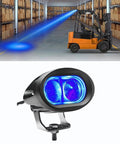 Blue LED Forklift Spotlight With Floor Marker Beam For Busy Warehouses And Narrow Aisles installed on forklift in warehouse