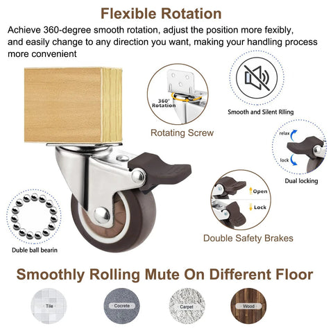 Universal Booster Wheel Kit For Tripp Trapp High Chairs By Stokke Featuring 360 Degree Swivel Casters With Safety Locks Plus Sippy Cup Bottle Strap For Stable Smooth Dining And Learning shown with caster details and materials.