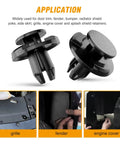 Close-up of 100 Piece Engine Cowl Bumper Fender Clip Replacement Kit For Nissan Altima with application examples for grille and fender.