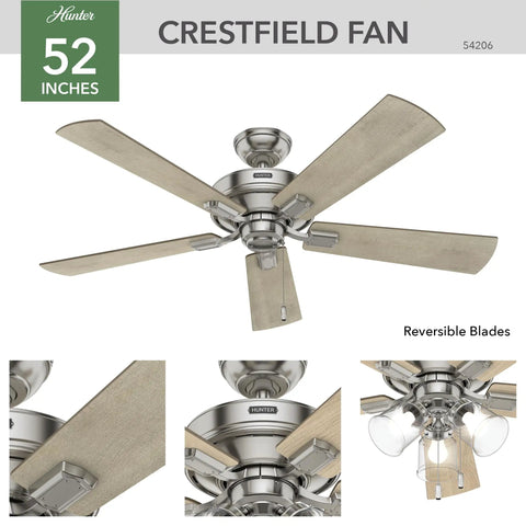 Big 52 Inch Indoor Ceiling Fan With LED Lights And Pull Chain Standard Mount 5 Blades 3 Inch Downrod Perfect For Bedroom Living Room Or Kitchen Brushed Nickel Finish shown from various angles.