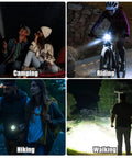 People using 2-Pack Zoomable LED Flashlights With 5 Modes for camping, biking, hiking, and walking outdoors at night.