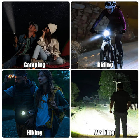 People using 2-Pack Zoomable LED Flashlights With 5 Modes for camping, biking, hiking, and walking outdoors at night.
