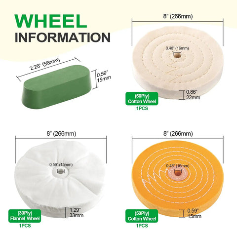 Six Piece Bench Grinder Polishing Wheels Set With Premium Tripoli Rouge And White Compound Fits Five Eighth Arbor Spindle - 8 inch wheels.