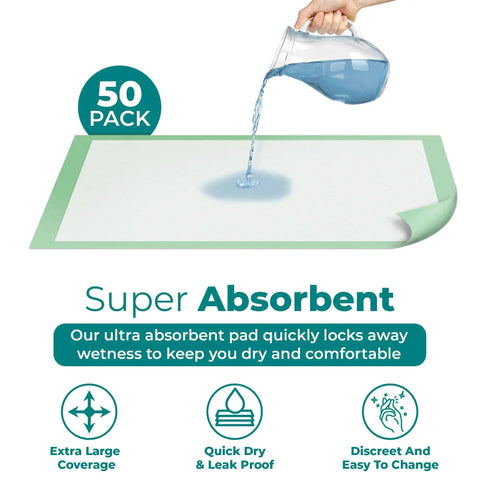 Heavy Duty Disposable Adult Bed Pads Super Absorbent Extra Large in use with water being poured, showcasing leak protection for pet care.