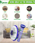 Dyson Vacuum Filter Replacements For DC40 DC42 with filters in living room, showing filtration of hair, pet dander, and dirt.