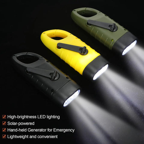 Three Six Pack Hand Crank Solar Powered Led Flashlights for Emergency Use in green, yellow, and black shining a bright beam.