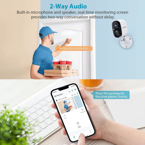 Wireless Outdoor Security Camera With Battery Power No Fuss Setup 1080P Color Night Vision showing two-way audio feature with smartphone.