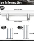 Diagram showing dimensions of 100 Pieces Brushed Stainless Steel Cabinet Pulls 3 Inch Hole Center Handles, 5 Inch Overall Length, Includes 200 Screws