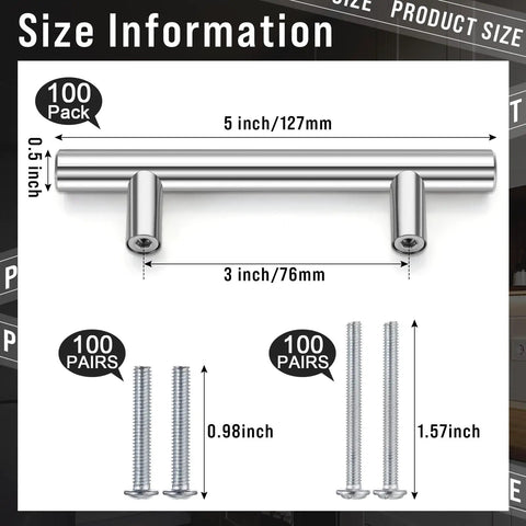 Diagram showing dimensions of 100 Pieces Brushed Stainless Steel Cabinet Pulls 3 Inch Hole Center Handles, 5 Inch Overall Length, Includes 200 Screws